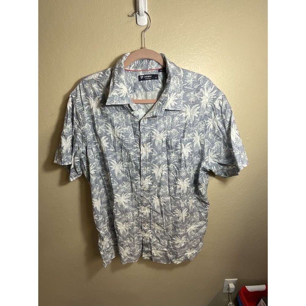 CREMIEUX Men's Shirt-White Linen Short Sleeve, Blue Leaf, Pocket, Large